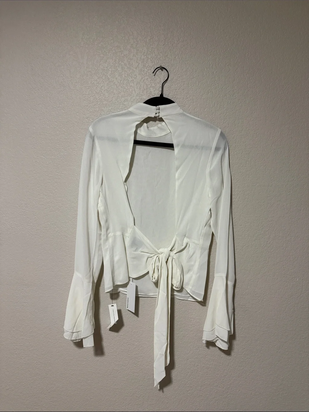 Reformation Ivory Long-Sleeve Tie-Back Ruffle Blouse
